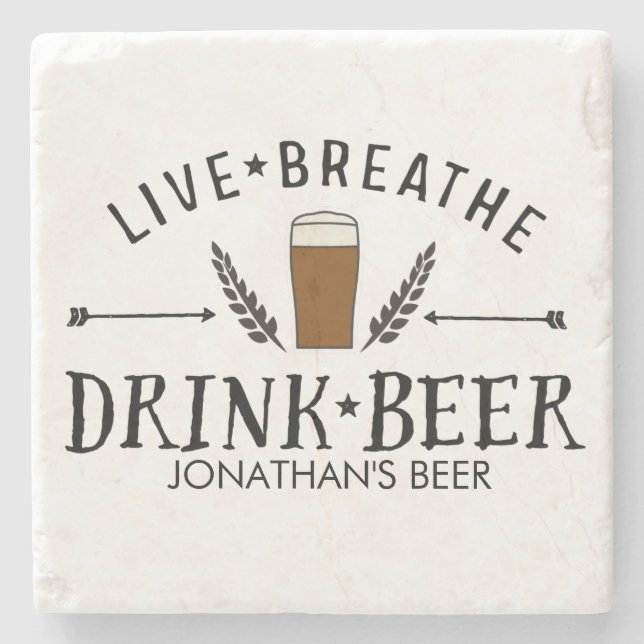 Posavasos De Piedra Beer Love Hipster Live Breathe Beer Personalizado (Anverso)