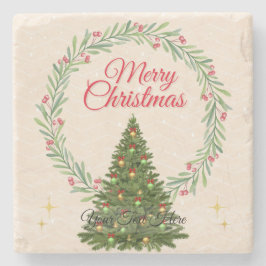 Posavasos De Piedra Beige & Green Minimalist Elegant Merry Christmas