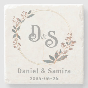 Posavasos De Piedra Beige y Azul Floral Nombre Personalizado Elegante