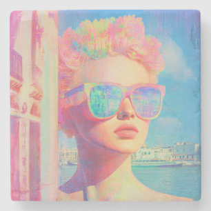 Posavasos De Piedra Belleza costera neón con gafas de sol