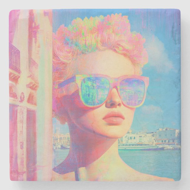 Posavasos De Piedra Belleza costera neón con gafas de sol (Anverso)