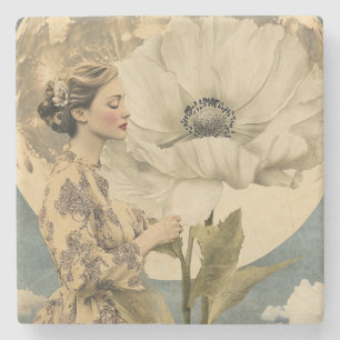 Posavasos De Piedra Belleza iluminada por la luna - Mujer con flores b