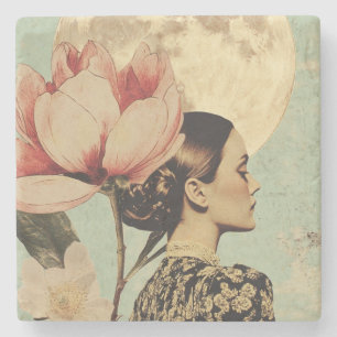 Posavasos De Piedra Belleza iluminada por la luna - Mujer con flores r