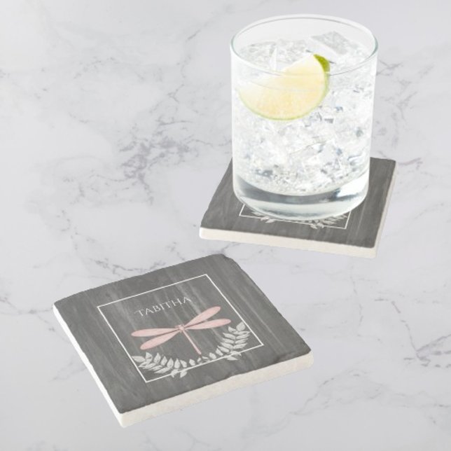 Posavasos De Piedra Bélula rosa Rusa de la escayola de piedra personal (Pink Dragonfly Rustic Personalized Stone Coaster)