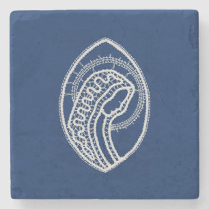 Posavasos De Piedra Bendita Virgen María, encaje blanco, azul marino