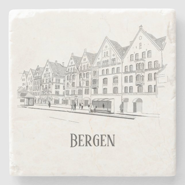 Posavasos De Piedra Bergen Noruega Streetscape Beautiful Line Drawing (Anverso)