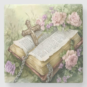 Posavasos De Piedra Biblia Floral acuarela y cruz
