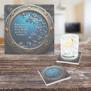 Posavasos De Piedra Biblia Verso Personalizable Azul Brillante con Oro