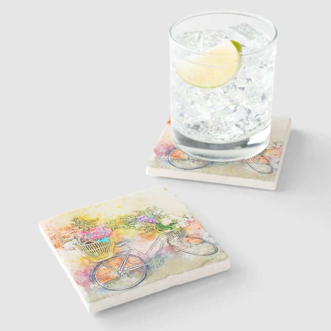 Posavasos De Piedra Bicicleta y flores (Lateral)