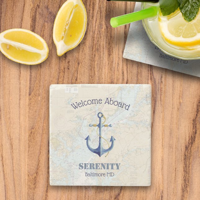 Posavasos De Piedra Bienvenida a bordo 🌊 la bahía de Chesapeake Vinta (Welcome Aboard 🌊 Chesapeake Bay Vintage Nautical Stone Coaster
)