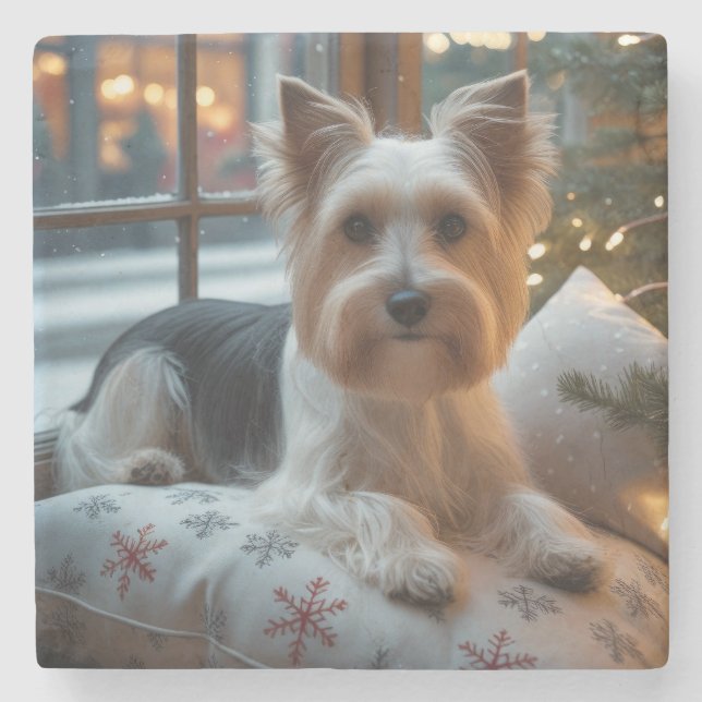 Posavasos De Piedra Biewer Terrier con Luces de Navidad Fiesta (Anverso)