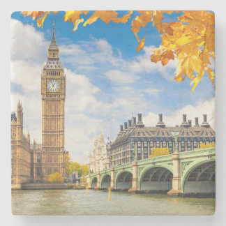 Posavasos De Piedra Big Ben Con Hojas De Otoño, Londres