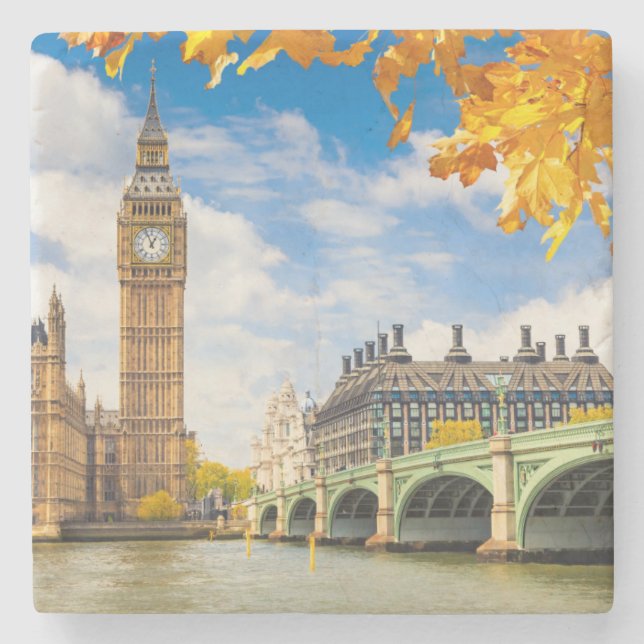 Posavasos De Piedra Big Ben Con Hojas De Otoño, Londres (Anverso)