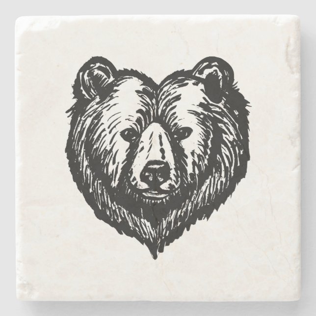 Posavasos De Piedra Black and White Bear's Face Ink Drawing (Anverso)