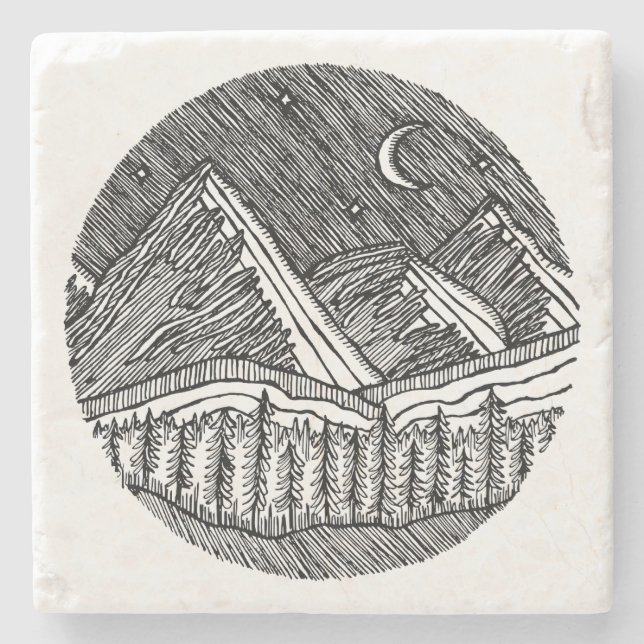 Posavasos De Piedra Black and White Ink-Drawn Round Alp Landscape (Anverso)
