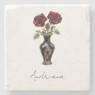 Posavasos De Piedra Black Burgundy Red Floral Vase