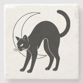 Posavasos De Piedra Black Cat and Crescent Moon Line Art
