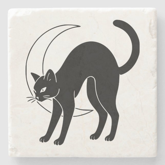 Posavasos De Piedra Black Cat and Crescent Moon Line Art (Anverso)