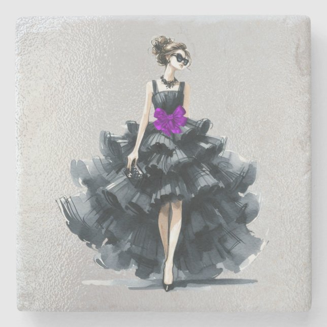 Posavasos De Piedra Black Coctail Gown, Purple Bow, Shades (Anverso)