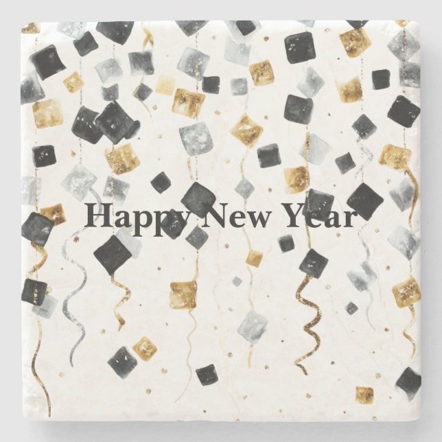 Posavasos De Piedra Black Gold Happy New Year Confetti (Anverso)