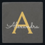 Posavasos De Piedra Black Gold Modern Script Girly Monograma Nombre<br><div class="desc">Mosaico de piedra con nombre de monograma simple negro y dorado. Esto hace que la graduación perfecta,  dulce cumpleaños de 16 años,  boda,  ducha de novia,  aniversario,  ducha de bebé o fiesta de soltera sea un regalo para alguien que ama el lujo glam y los estilos de moda.</div>