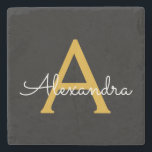 Posavasos De Piedra Black Gold Modern Script Girly Monograma Nombre<br><div class="desc">Mosaico de piedra con nombre de monograma simple negro y dorado. Esto hace que la graduación perfecta,  dulce cumpleaños de 16 años,  boda,  ducha de novia,  aniversario,  ducha de bebé o fiesta de soltera sea un regalo para alguien que ama el lujo glam y los estilos de moda.</div>