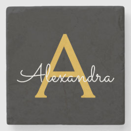 Posavasos De Piedra Black Gold Modern Script Girly Monograma Nombre