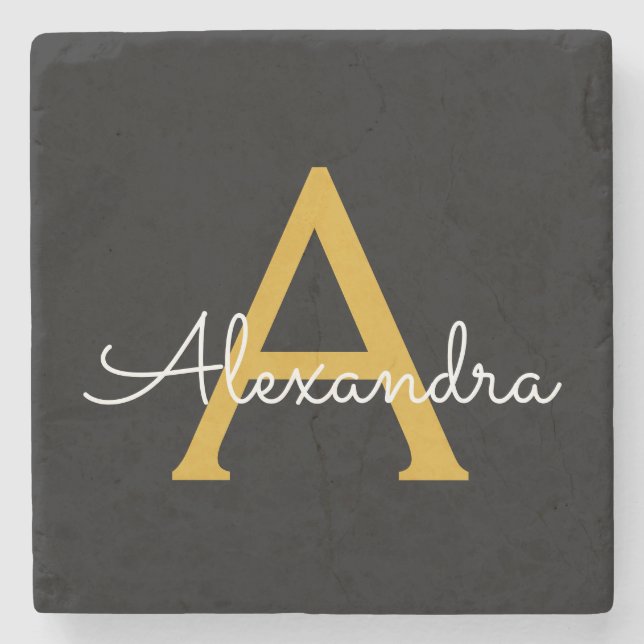 Posavasos De Piedra Black Gold Modern Script Girly Monograma Nombre (Anverso)