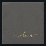 Posavasos De Piedra Black Gold Modern Script Girly Monograma Nombre<br><div class="desc">Mosaico de piedra con nombre de monograma simple negro y dorado. Esto hace que la graduación perfecta,  dulce cumpleaños de 16 años,  boda,  ducha de novia,  aniversario,  ducha de bebé o fiesta de soltera sea un regalo para alguien que ama el lujo glam y los estilos de moda.</div>