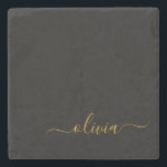 Posavasos De Piedra Black Gold Modern Script Girly Monograma Nombre<br><div class="desc">Mosaico de piedra con nombre de monograma simple negro y dorado. Esto hace que la graduación perfecta,  dulce cumpleaños de 16 años,  boda,  ducha de novia,  aniversario,  ducha de bebé o fiesta de soltera sea un regalo para alguien que ama el lujo glam y los estilos de moda.</div>