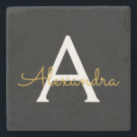 Posavasos De Piedra Black Gold Modern Script Girly Monograma Nombre<br><div class="desc">Mosaico de piedra con nombre de monograma simple negro y dorado. Esto hace que la graduación perfecta,  dulce cumpleaños de 16 años,  boda,  ducha de novia,  aniversario,  ducha de bebé o fiesta de soltera sea un regalo para alguien que ama el lujo glam y los estilos de moda.</div>