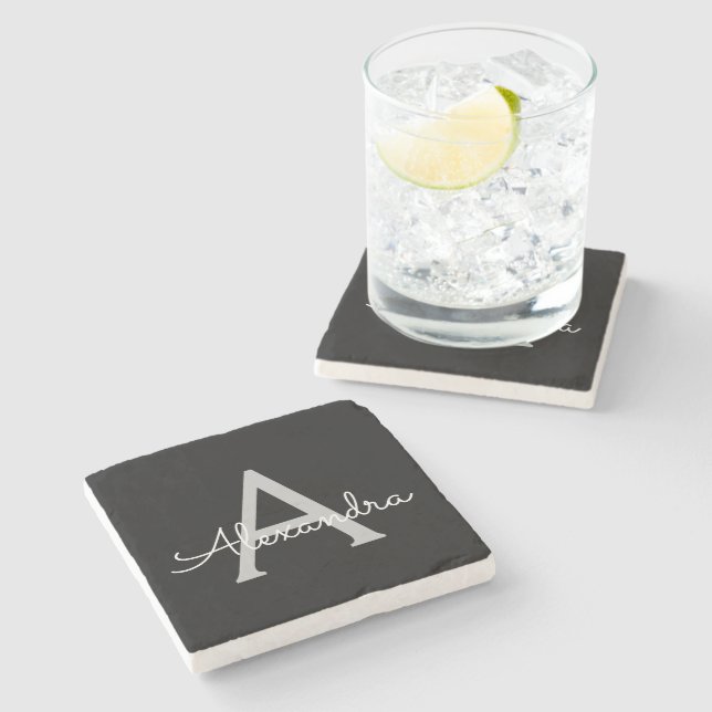 Posavasos De Piedra Black Silver Modern Script Girly Monograma Nombre (Lateral)