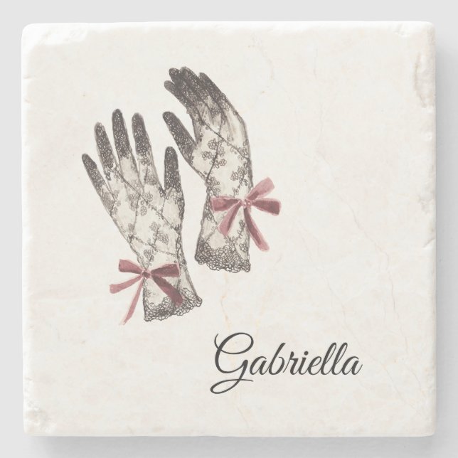 Posavasos De Piedra Black White Lace Gloves Burgundy Bow (Anverso)