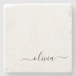Posavasos De Piedra Black White Modern Script Girly Monograma Nombre