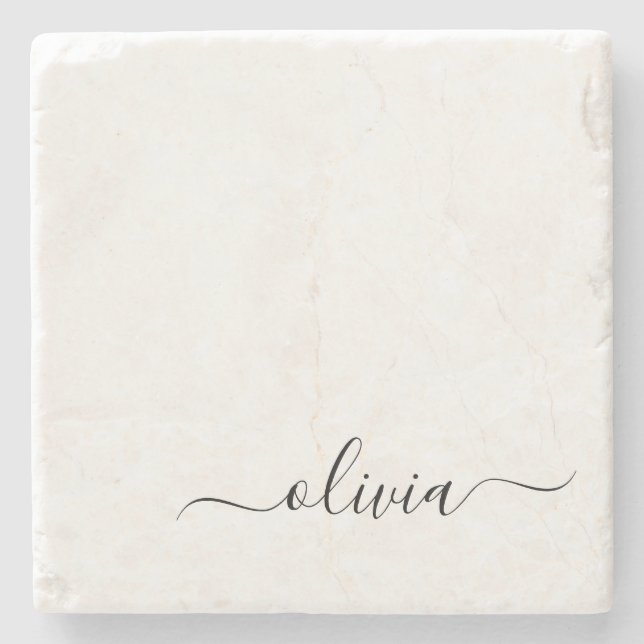Posavasos De Piedra Black White Modern Script Girly Monograma Nombre (Anverso)