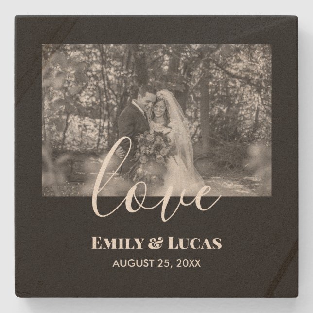 Posavasos De Piedra Blanco negro foto de matrimonio simple elegante (Anverso)