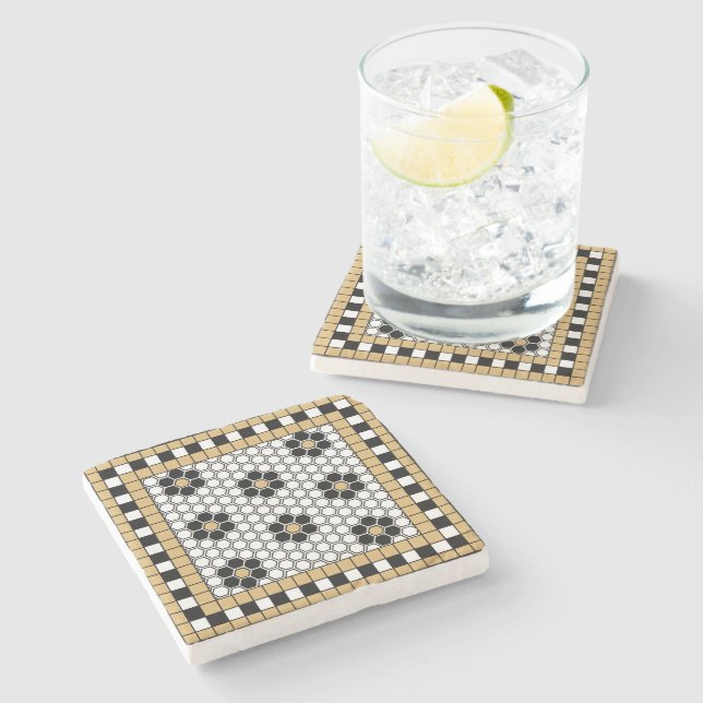 Posavasos De Piedra Blanco negro mosaico y oro (Lateral)