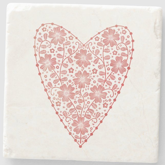 Posavasos De Piedra Blanco Rojo Escandinavo Corazón (Scandinavian folk art floral heart red and white stone coaster)