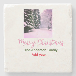 Posavasos De Piedra Blanco rosa nieve feliz Navidad añadir nombre de f