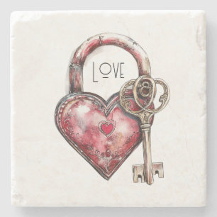 Posavasos De Piedra Bloqueo de corazón rojo y amor clave