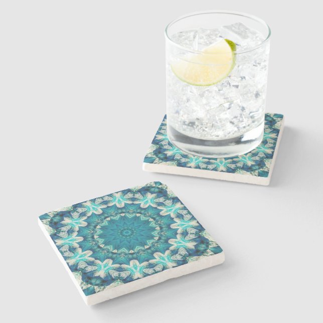 Posavasos De Piedra Blue Aqua Mandala Rosette Retro Hippie (Lateral)