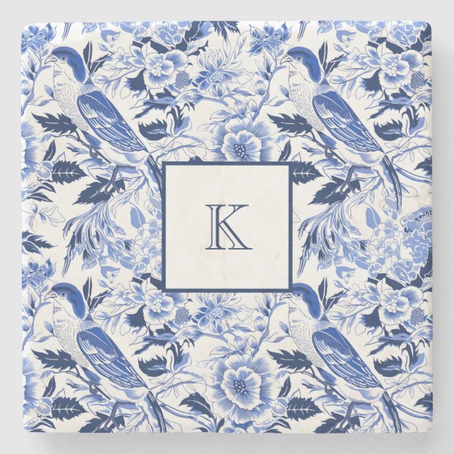 Posavasos De Piedra Blue Bird Chinoiserie Monogram  (Anverso)