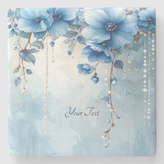Posavasos De Piedra Blue Flowers and Pearls Stone Coaster