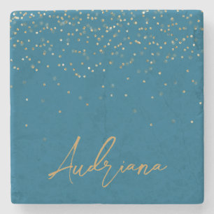 Posavasos De Piedra Blue Personalized Gold Name Purpurina Sparkle Dots