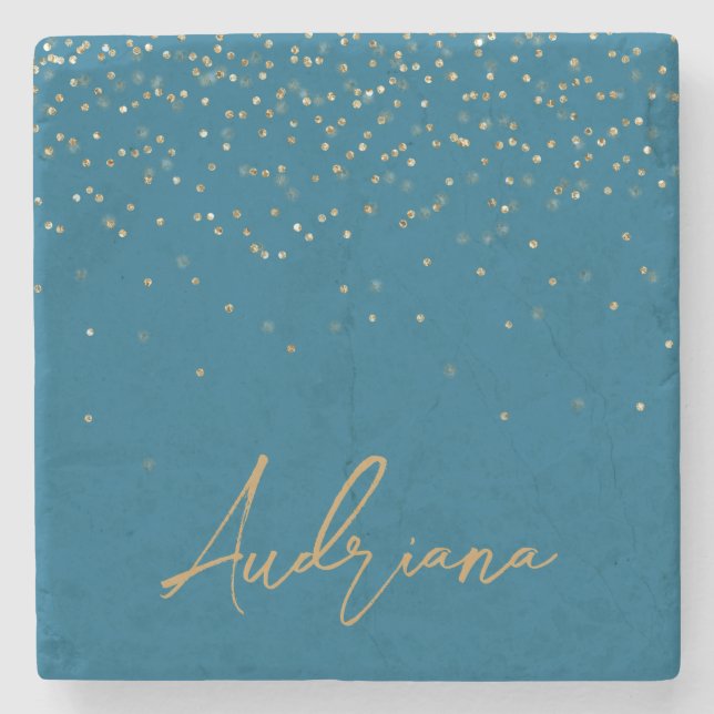 Posavasos De Piedra Blue Personalized Gold Name Purpurina Sparkle Dots (Anverso)