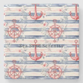 Posavasos De Piedra Blue Red Anchors Floral Stripes Beach Ocean