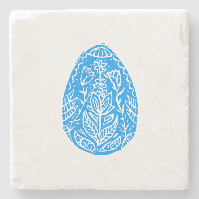 Posavasos De Piedra Blue Rustic Floral Easter Linocut (Anverso)