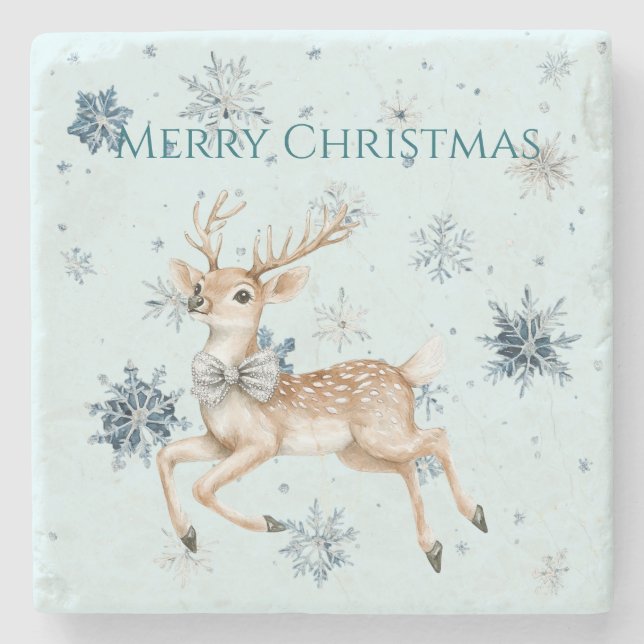 Posavasos De Piedra Blue Snowflakes Christmas Deer with Bow (Anverso)