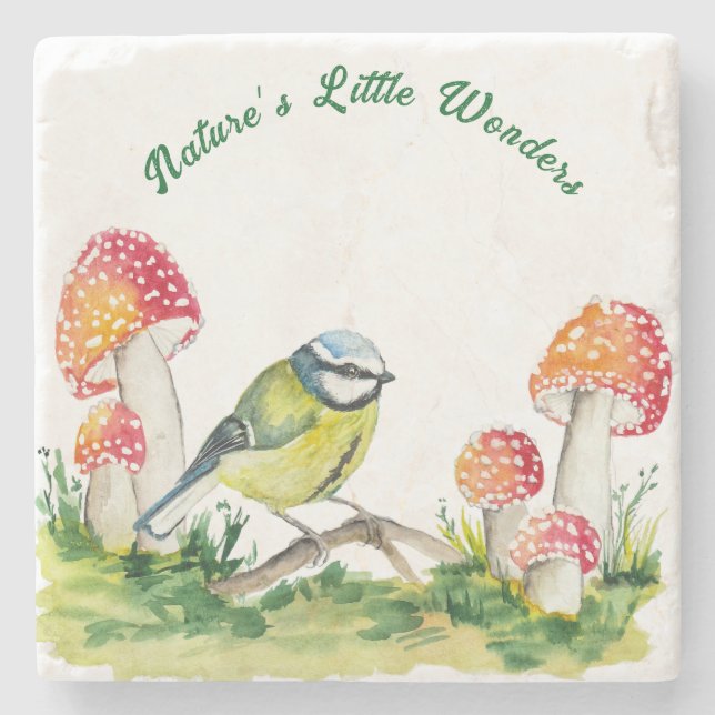 Posavasos De Piedra Blue Tit and Fly Agaric in a Forest Clearing (Anverso)