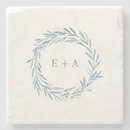 Posavasos De Piedra Blue Watercolor Wreath Monograma Favor de la boda